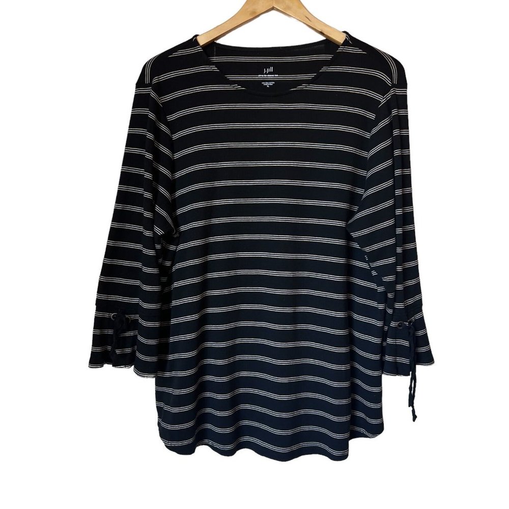 J Jill Tunic Tie Sleeves Black Striped Tee Shirt XL